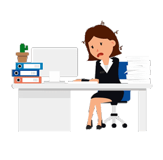 frustrated business lady - desk, laptop too many tasks