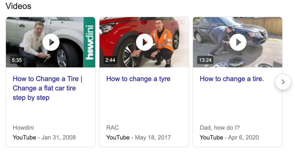 Search results of the query 'how to change a tire' that shows video results